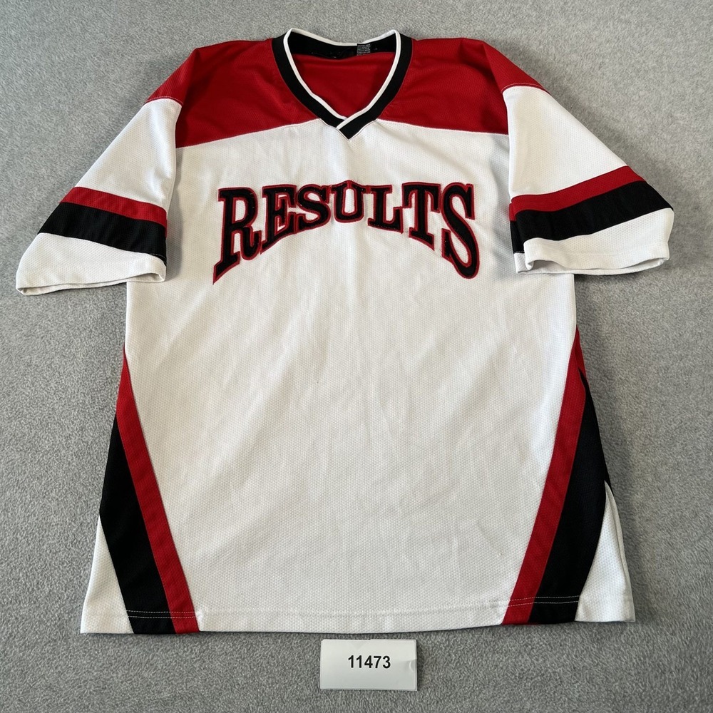 Vintage Results Athletic Jersey Mens Large White Red Black V-Neck Sports Mesh